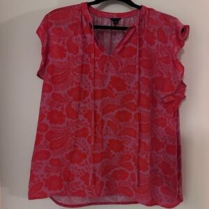 Ann Taylor Orange/Pink Floral Blouse with Flutter Sleeves and Front Ties in L